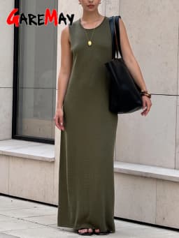 Dámské úpletové midi šaty hnědé elegantní letní béžové volnočasové šaty bez rukávů - náhled 5