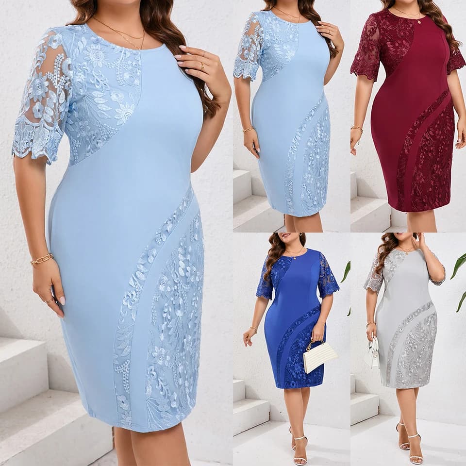 Elegantní letní šaty Plus Size pro svatební hosty, krajkové, květinové, krátký rukáv XL-5XL