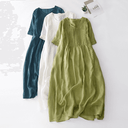 Elegantní lněné retro šaty s V výstřihem a harmonikovou sukní v pastelových barvách - dámské letní maxi šaty ve vintage stylu - náhled 2