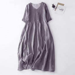 Elegantní lněné retro šaty s V výstřihem a harmonikovou sukní v pastelových barvách - dámské letní maxi šaty ve vintage stylu - náhled 4