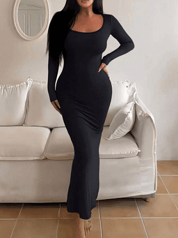 Dámské elegantní úpletové šaty s dlouhým rukávem - minimalistický slim fit casual styl - náhled 5