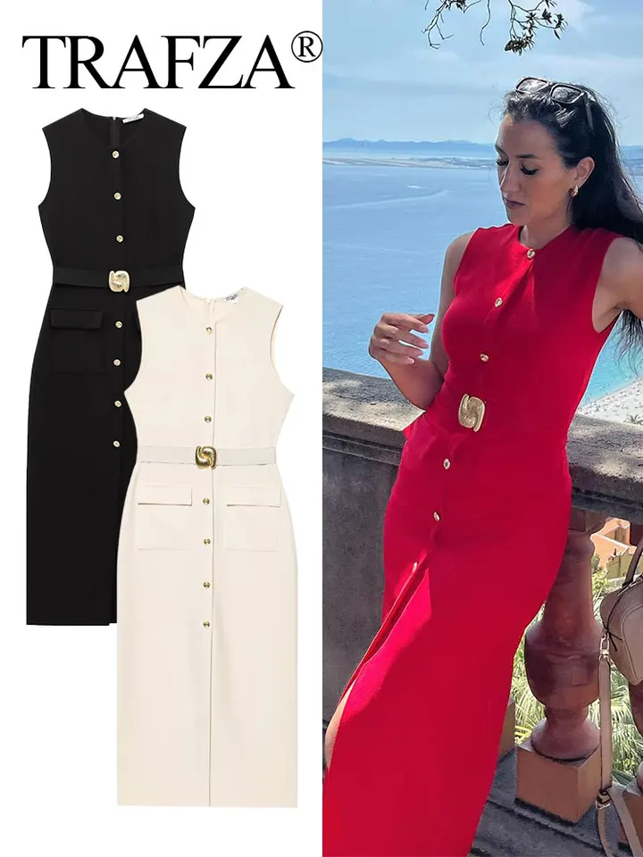 Dámské letní elegantní midi šaty s rozparkem a páskem v módním designu bez rukávů