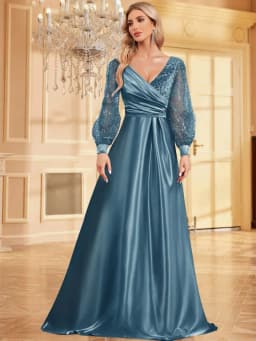 Luxusní modré flitrované společenské šaty s výstřihem do V - elegantní dlouhé večerní šaty - náhled 2