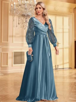 Luxusní modré flitrované společenské šaty s výstřihem do V - elegantní dlouhé večerní šaty - náhled 4