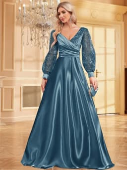 Luxusní modré flitrované společenské šaty s výstřihem do V - elegantní dlouhé večerní šaty - náhled 5