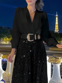 Dámské luxusní večerní šaty s flitry - volný střih, elegantní V výstřih, společenské maxi šaty - náhled 6