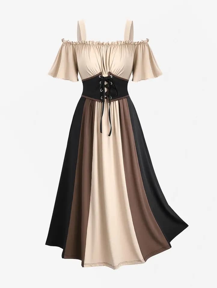 Dámské plus size šaty s odhalenými rameny, krajkou a barevnými bloky, vintage design