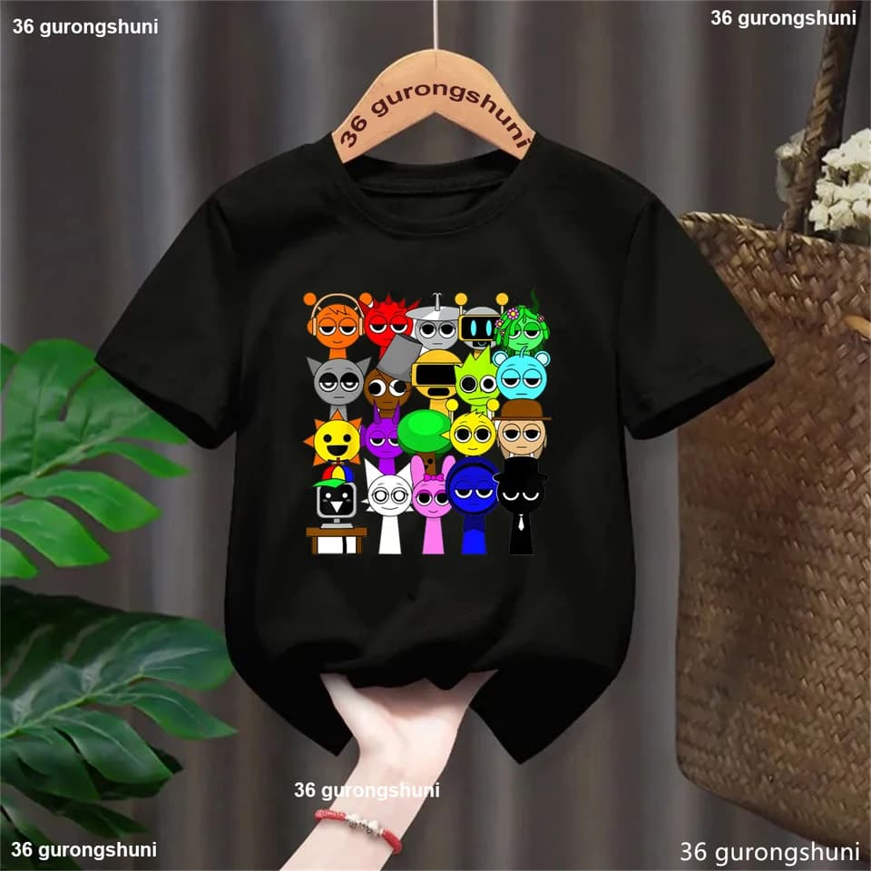 Dětské tričko Sprunki - roztomilý animovaný motiv, krátký rukáv, bavlněné pohodlné tričko pro kluky i holky