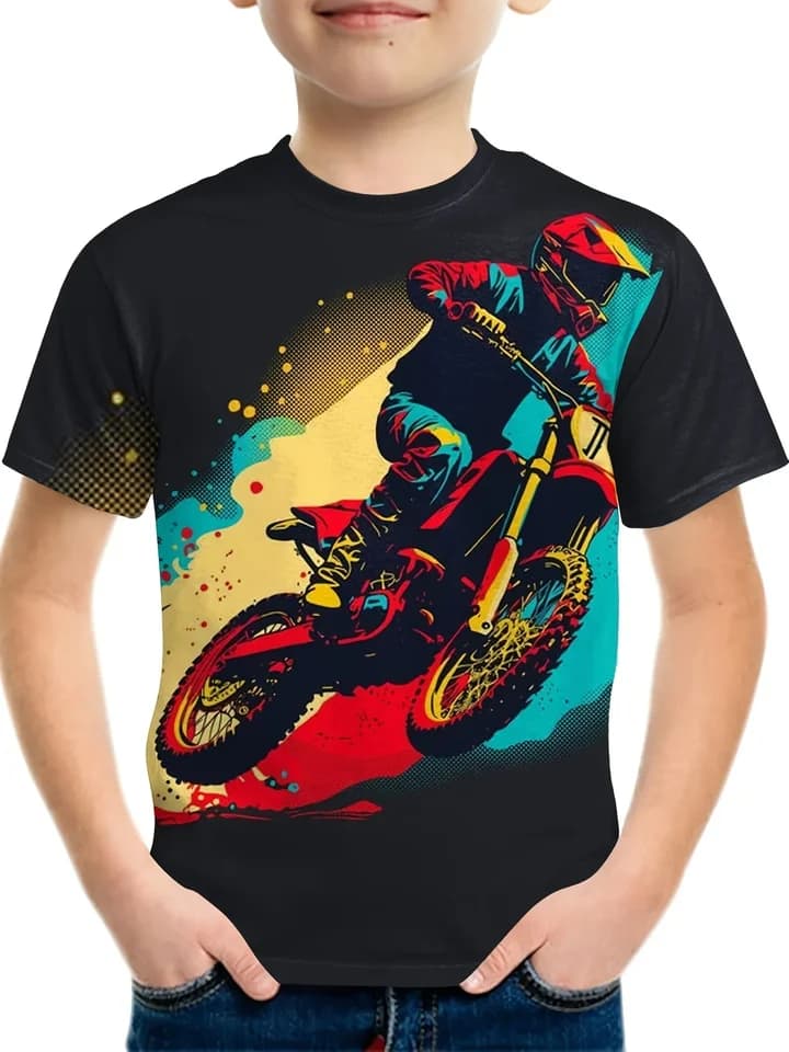 Dětské tričko s motorkou | Bavlněné letní tričko pro kluky | Módní dětský top 3-12 let
