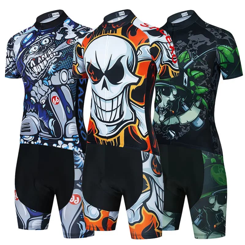 Pánský cyklistický set letní prodyšný dres + kraťasy s lebkou - MTB silniční kolo