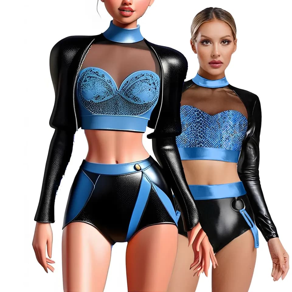 Třpytivý metalický crop top s hadím vzorem - sexy taneční oblečení pro ženy 2ks sada