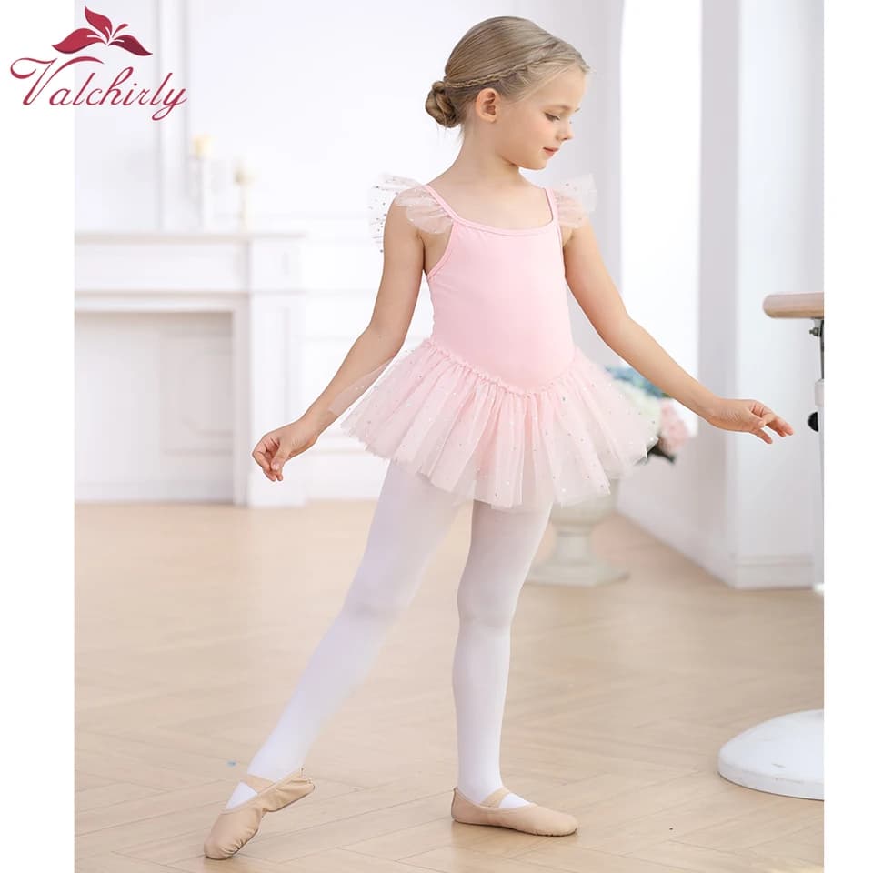 Dívčí baletní šaty s třpytivou sukní a volány - elegantní taneční oblečení pro děti
