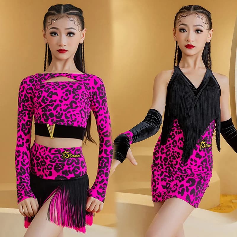 Neonově růžové leopardí taneční šaty pro dívky - latina, soutěžní kostým s třásněmi, cha-cha, rumba, samba
