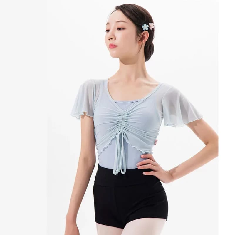Síťovaný V-výstřih Crop Top Baletní Tričko Taneční Oblečení Profesionální Cvičení