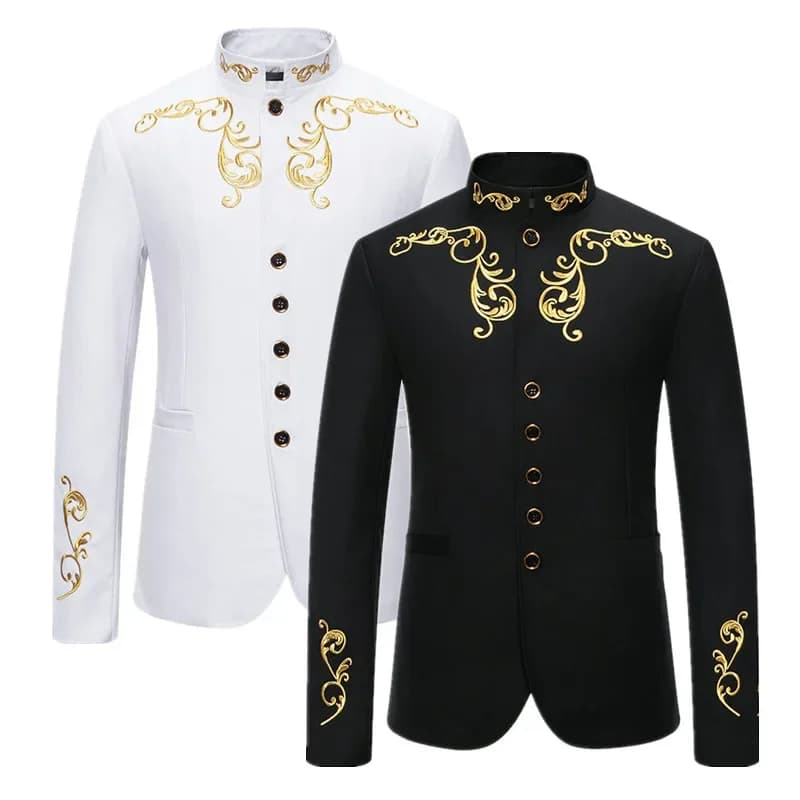 Pánský svatební blazer s výšivkou - elegantní společenský oblek černý/bílý velikost M-XXL