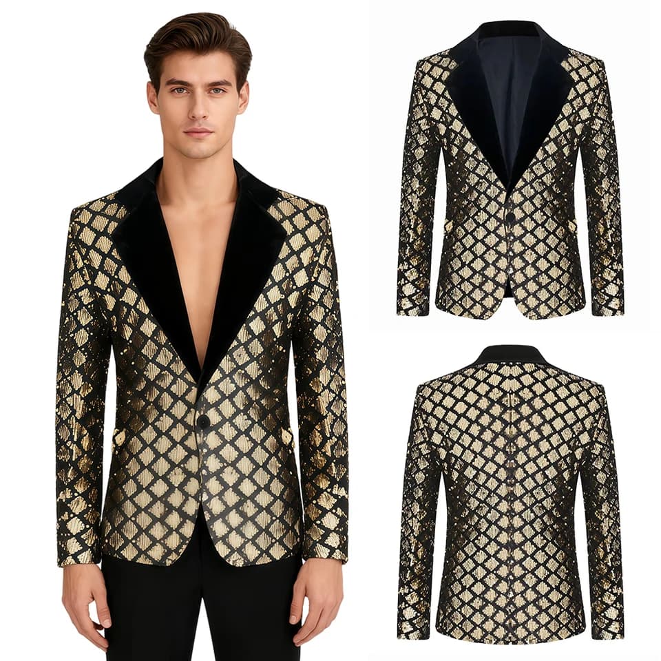Pánské elegantní flitrové sako kostka módní společenský blazer slim fit
