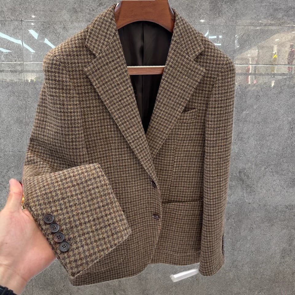 Pánský elegantní vlněný blazer v retro stylu - slim fit zimní tvídový kabát v kostce