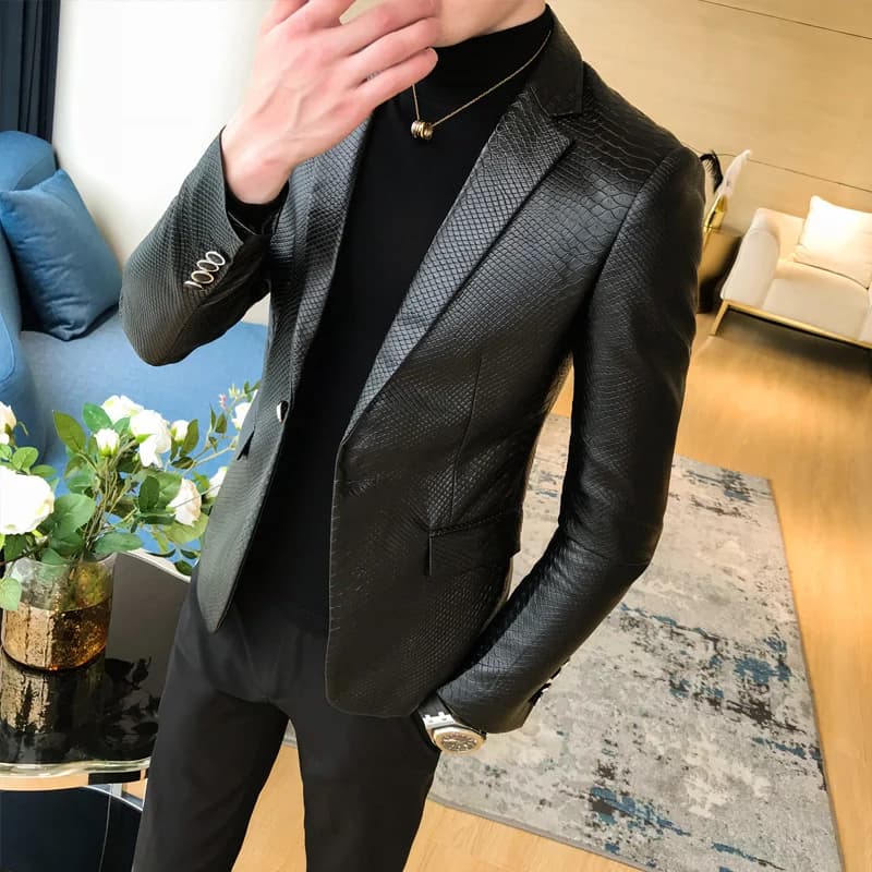 Pánské slim fit sako s koženkovými detaily - elegantní business blazer v nadměrné velikosti