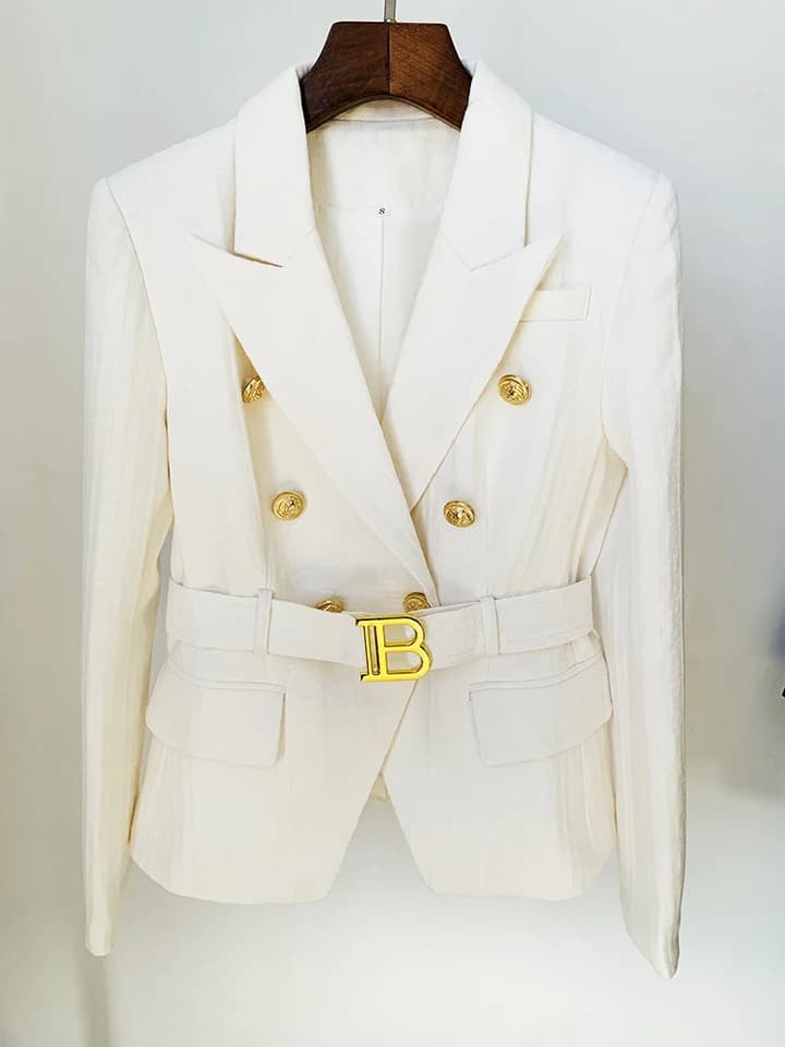 Dámská luxusní bunda s ozdobnými knoflíky a páskem | Elegantní podzimní kabát ve stylu high fashion