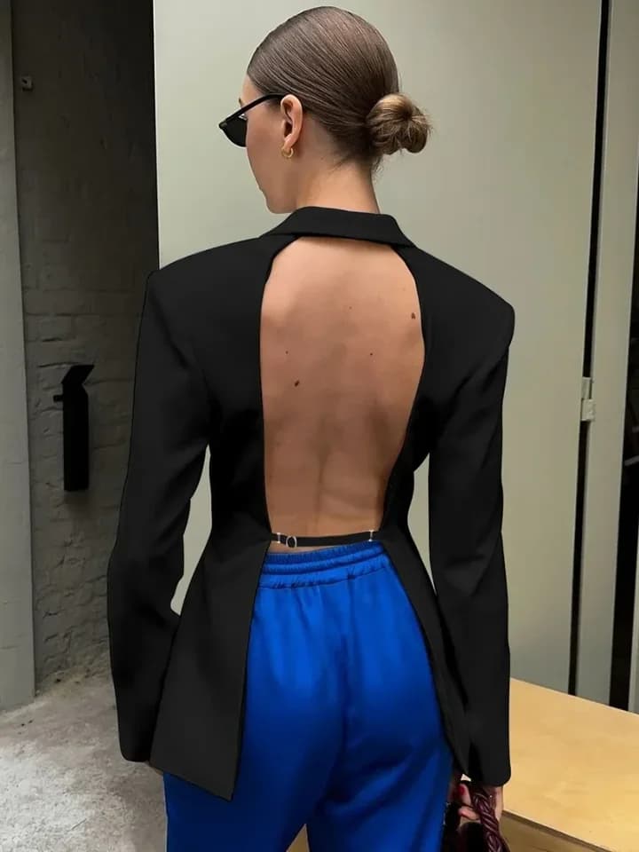Elegantní dámský černý blazer s dlouhým rukávem a módním Cut-out designem pro podzimní styl