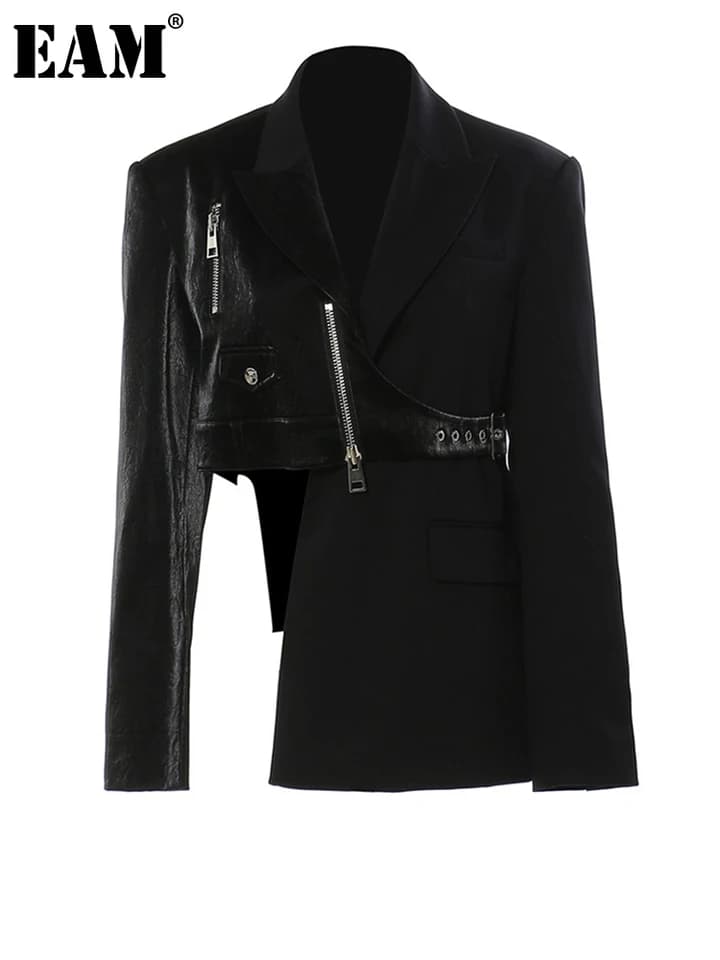 Dámský černý asymetrický koženkový blazer - elegantní volný střih jarní/podzimní móda