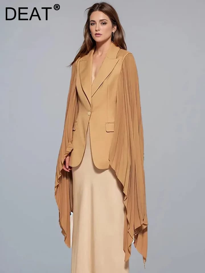 Elegantní dámský blazer s asymetrickým střihem a volánkovými rukávy – módní sako s kapsami