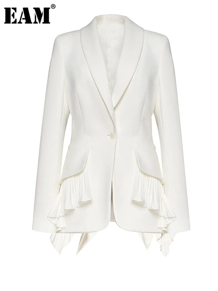 Dámské bílé elegantní sako s asymetrickým střihem a volány - módní jarní kabátek s dlouhým rukávem
