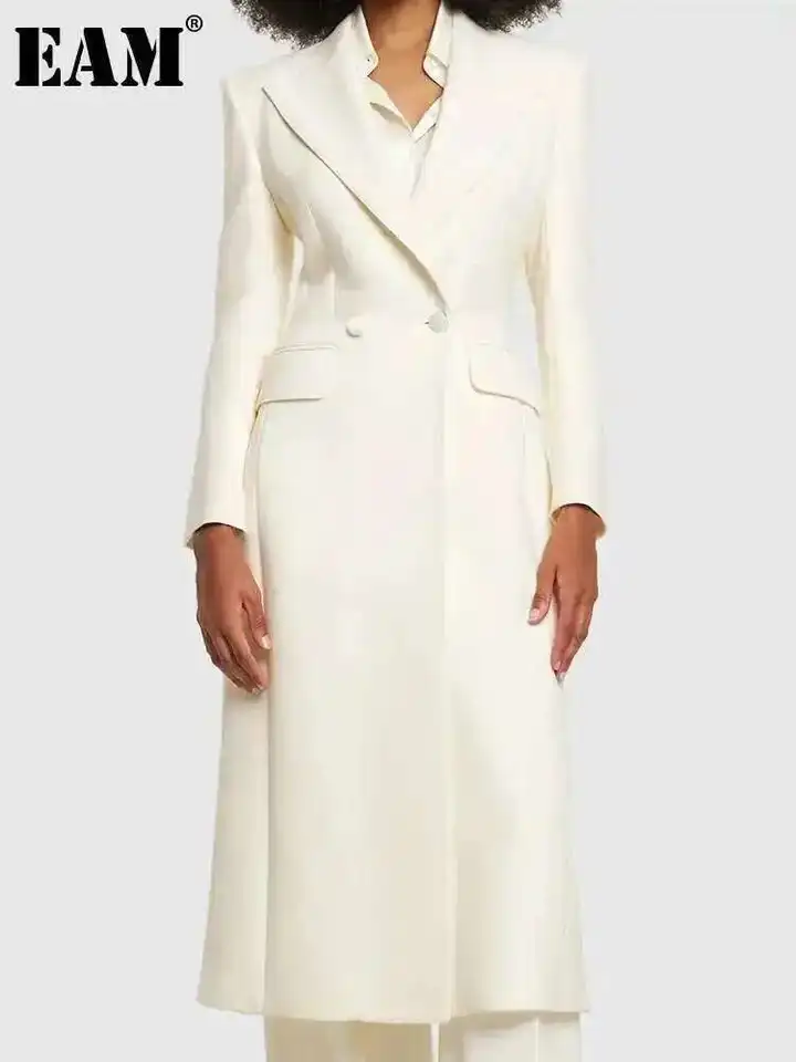 Dámský béžový elegantní midi blazer s úzkým střihem - jarní/podzimní móda 2025