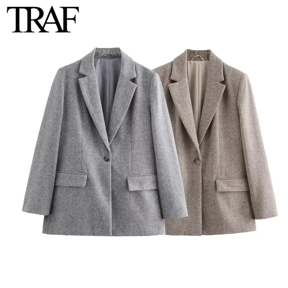 Dámský vlněný elegantní blazer s klopami - podzimní módní sako s jedním zapínáním