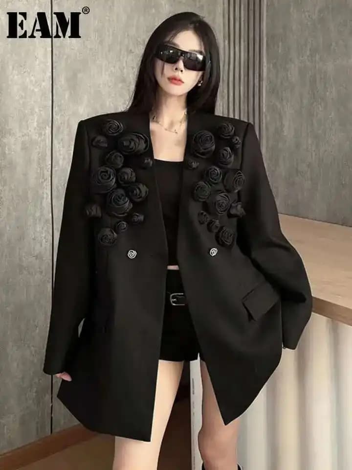 Dámský černý sako s 3D květinovým vzorem - elegantní volný střih, jarní/podzimní móda plus size