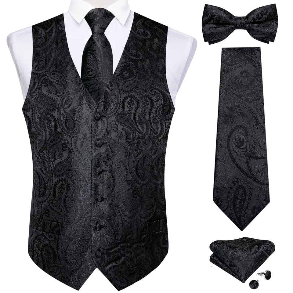Elegantní pánský společenský set - vesta, motýlek, kapesníček, manžetové knoflíčky černý paisley vzor