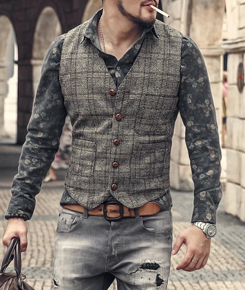 Pánská vintage vesta kostičkovaná formální slim fit vesta pro svatbu a společenské akce