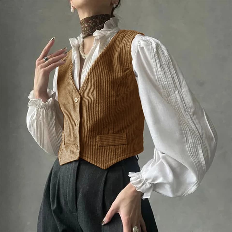 Dámská vesta prošívaná manšestrová slim fit béžová zimní lehká vrstva outdoorová