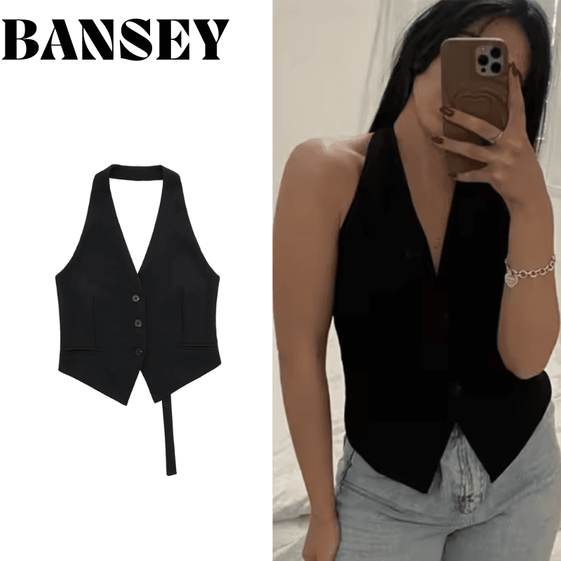 Dámská letní vesta bez rukávů v módním střihu s výstřihem do V a odhalenými zády