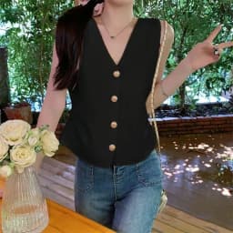 Dámská zlatá vestka s výstřihem do V - elegantní pletená bunda bez rukávů pro jarní styl - náhled 3