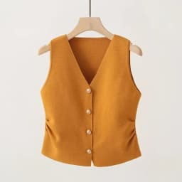 Dámská zlatá vestka s výstřihem do V - elegantní pletená bunda bez rukávů pro jarní styl - náhled 6