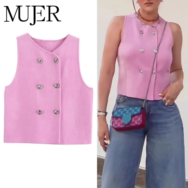 Módní dámská pletená vesta bez rukávů - krátký crop top v pastelově růžové barvě