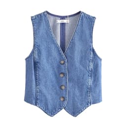 Dámská džínová vesta bez rukávů modrá elegantní retro styl kancelářský outfit XS-2XL - náhled 2