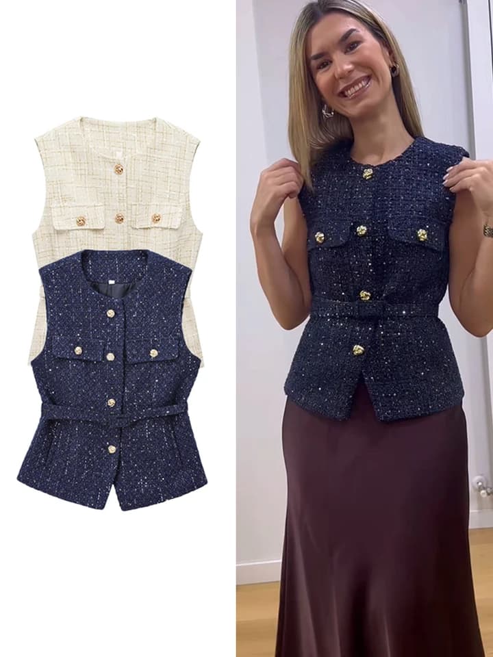 Dámská vesta s páskem - elegantní volnočasový top s kapsami a módním střihem
