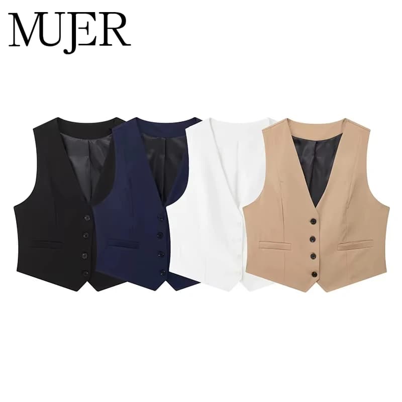 Dámská černobílá vesta bez rukávů - elegantní slim fit crop top pro kancelář i volný čas