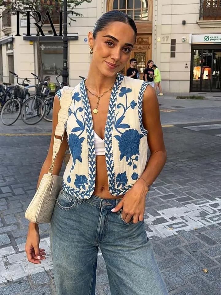 Dámská vintage vesta s květinovou výšivkou - elegantní módní Top pro volný čas