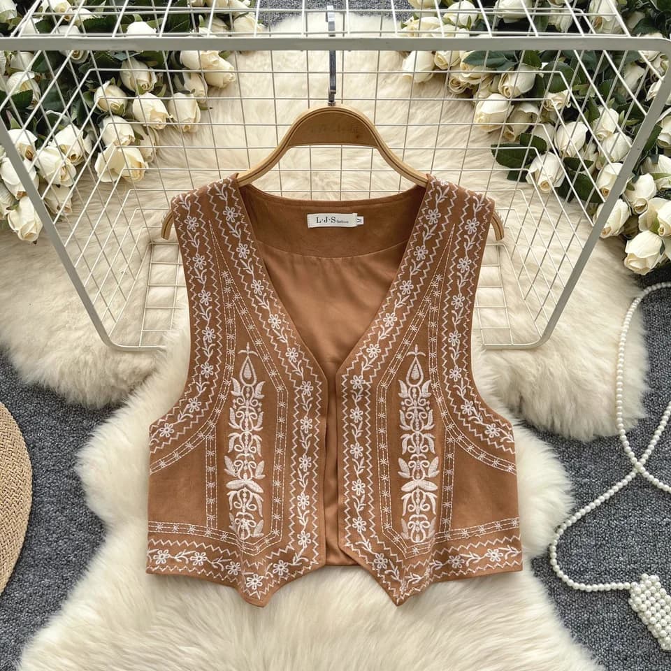 Dámský vintage svetr s výšivkou - elegantní volnočasový top bez rukávů v boho stylu