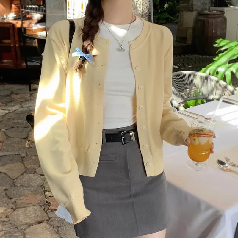 Dámský pletený kardigan žlutý lehký svetr elegantní módní styl S-XL