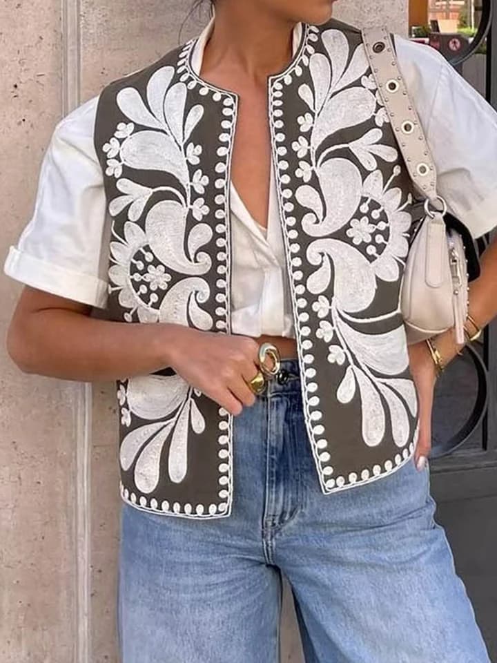 Dámská vintage vesta s výšivkou | Lněná etnická halenka | Letní módní top s květinovým vzorem