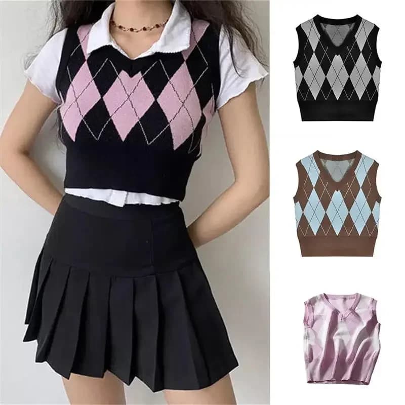 Dámská elegantní pletená vesta károvaný vzor retro styl volnočasový top