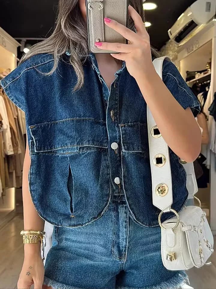 Dámská volnočasová džínová vesta s kapsami Y2K streetwear letní módní styl