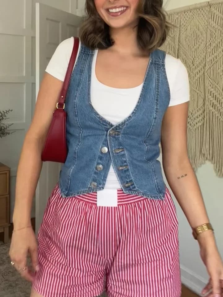 Dámská džínová vesta bez rukávů - módní crop top stylový jarní kabátek