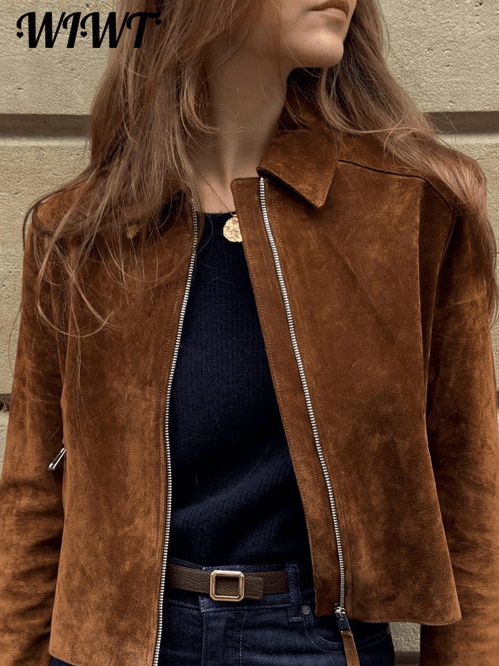 Dámská semišová bunda s kapsami a zipem - stylový vintage střih pro podzim/zimu 2025