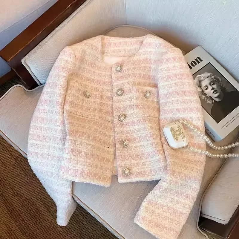 Elegantní dámský blejzr volný střih tweed vzor perleťové knoflíky jarní kardigan