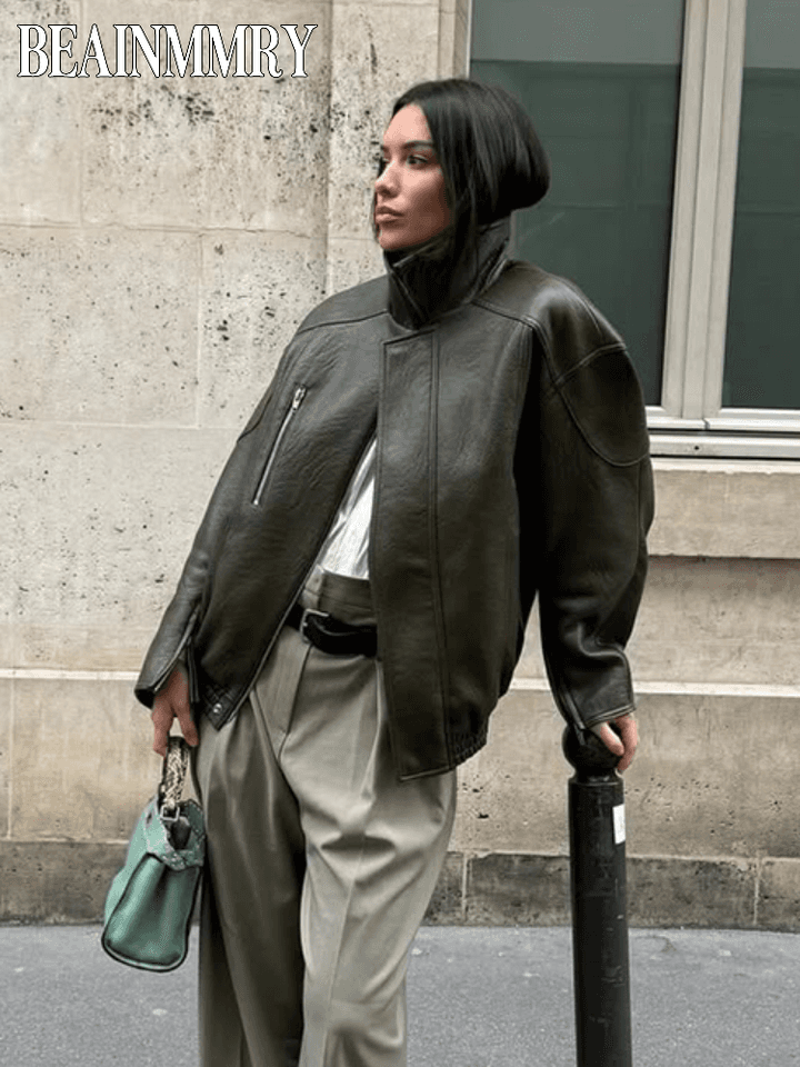 Dámská kožená bomber bunda zelená army styl módní volný střih zip kapsy zimní kabát
